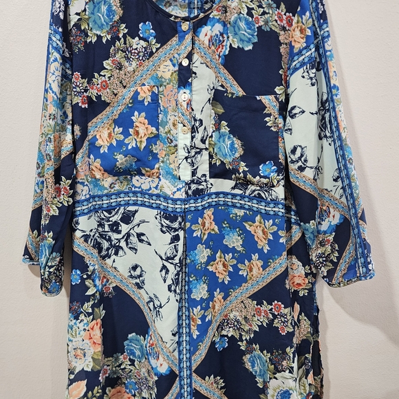 figueroa & flower Tops - Figueroa & Flower Blue Floral Tunic Blouse Boho Patchwork Design, Size Large